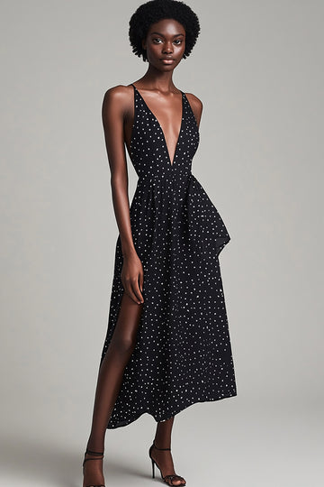 Black A Line V Neck White Polka Dots Dress with Slit